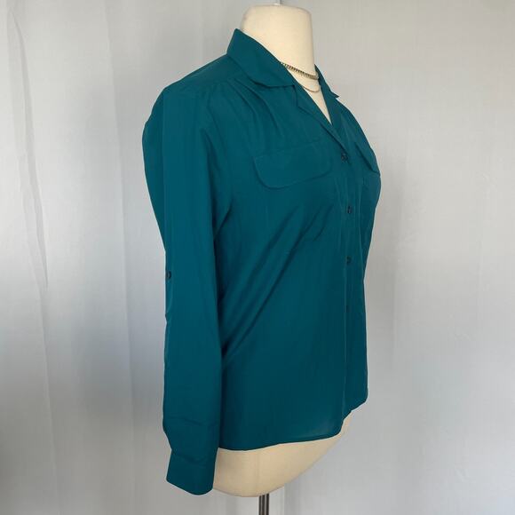 Vintage Blouse Top Size 14 Teal Blue Minimal Long Sleeve Button Office 80s 90s - Picture 4 of 11